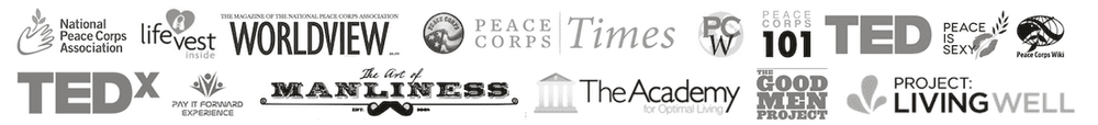 Logos of outlets that have featured Travis: the National Peace Corps Association, Life Vest Inside, Worldview, Peace Corps Times, TED, TEDx, Peace is Sexy, The Art of Manliness, The Good Men Project, Project Living Well and more