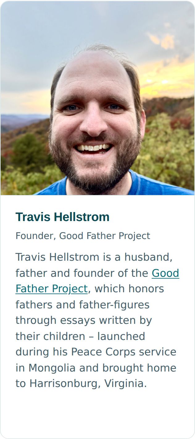 Travis Hellstrom's speaker card on the Virginia Blueprint summit website: Founder, Good Father Project