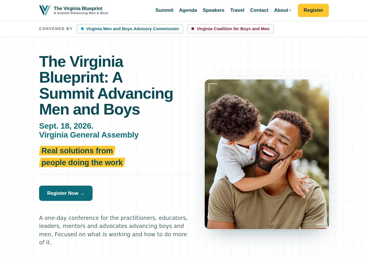 The Virginia Blueprint summit website's front page: Sept. 18, 2026, Virginia General Assembly, Real solutions from people doing the work