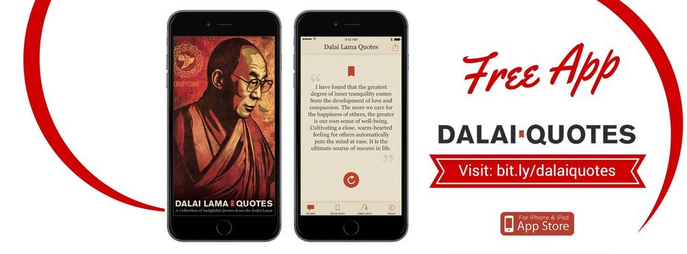 Dalai Quotes, free app: two iPhones showing the app&rsquo;s Shepard Fairey portrait of the Dalai Lama and a quote screen, with an App Store badge