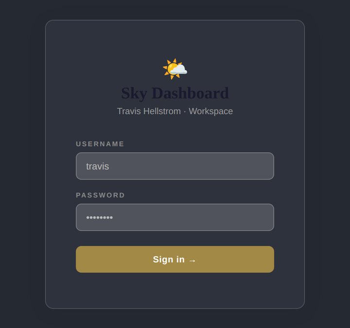 The Sky Dashboard sign-in card: a sun-and-cloud icon, the words Sky Dashboard, Travis Hellstrom · Workspace, and a sign-in form