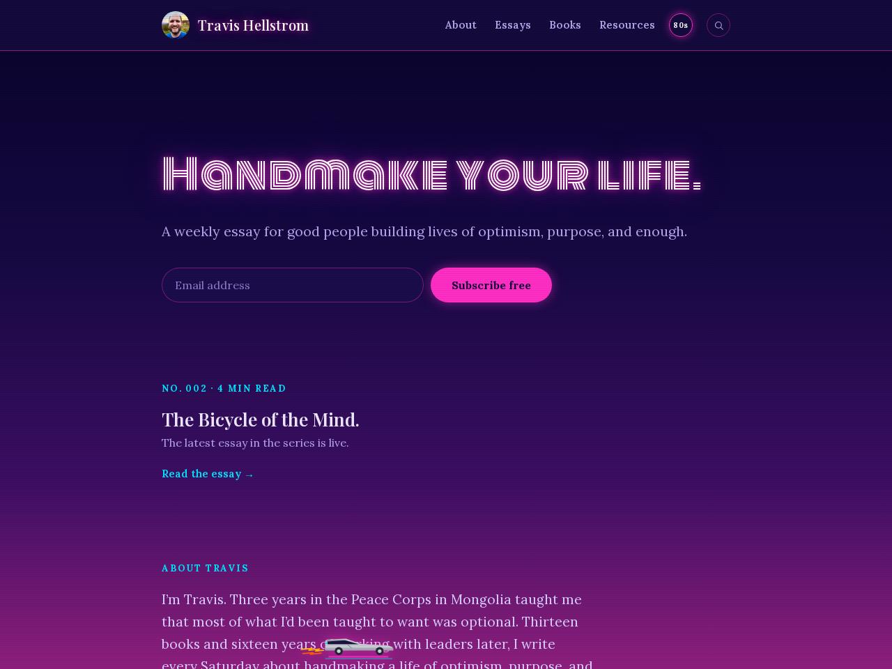 The homepage in 80s mode, DeLorean included
