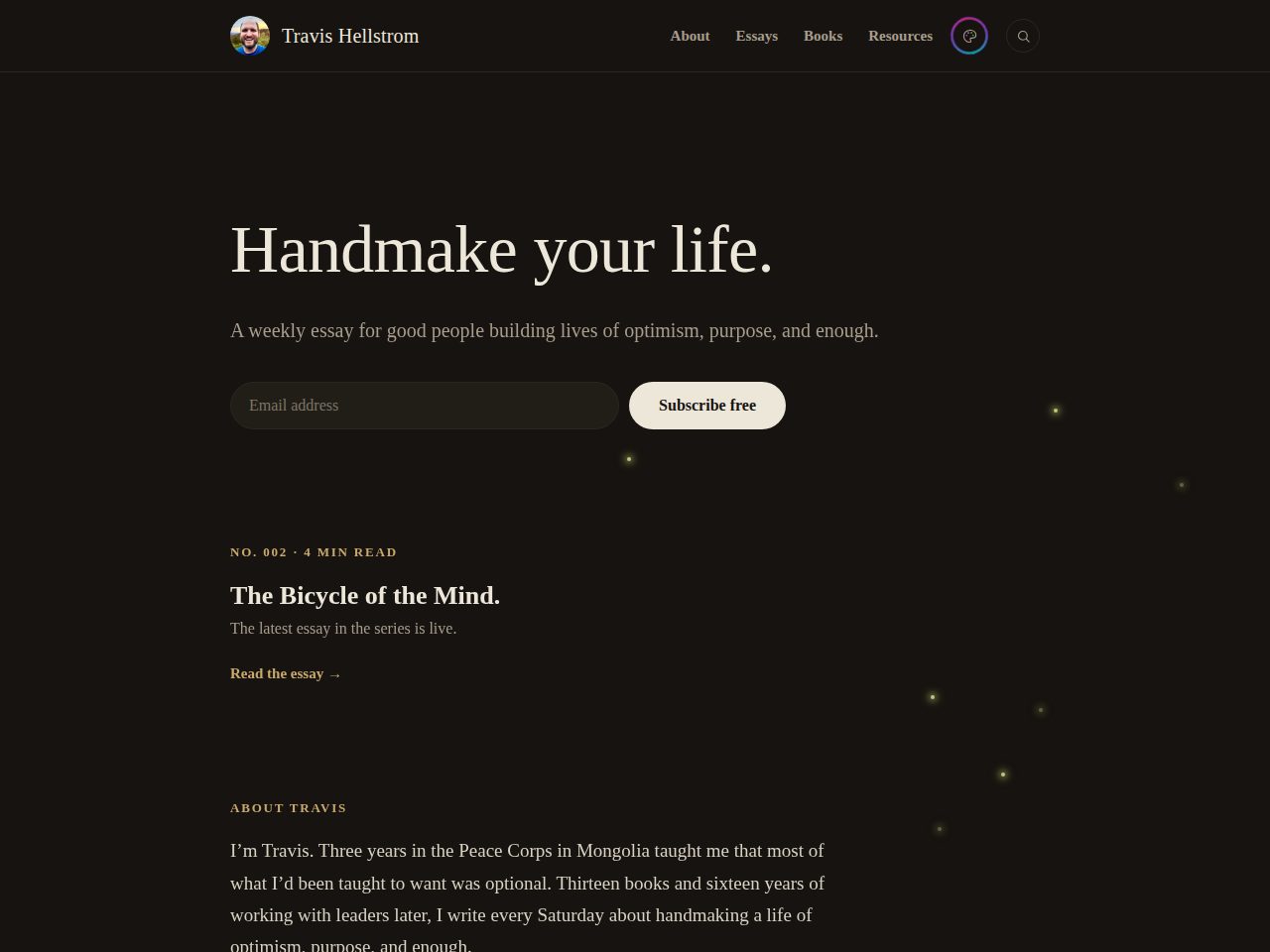 The homepage at night in night mode, with a few fireflies glowing behind the page